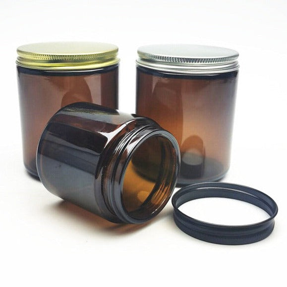 9 ounce straight sided squat glass amber Jars.  NOW INCLUDES BLACK LIDS