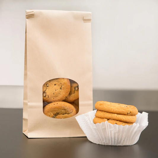 Packs of 25 Bagcraft Packaging 4 3/4" x 2 1/2" x 9 1/2" EcoCraft Grease Resistant Stand-Up Kraft Window Bag with Tin Tie Closure