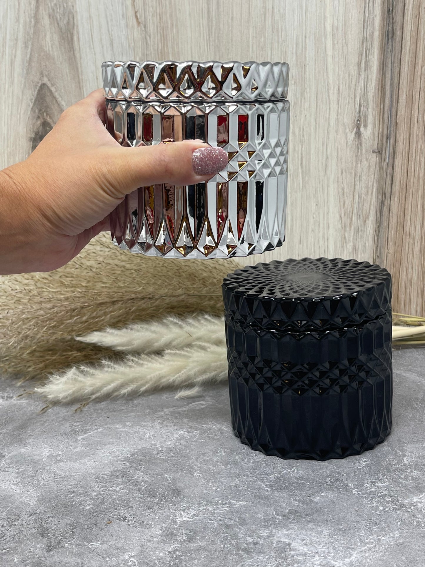 PICKUP ONLY - NO SHIPPING  Luxury Vessels - Silver or Black two piece 11 oz textured jar - Very large vessel!